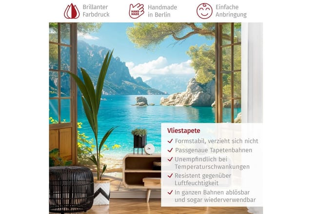 Bilderdepot24 Fototapete Traumhafter Ausblick Fenster 3D-Effekt, Glatt, Matt, (Vliestapete inkl. Kleister oder selbstklebend), Wohnzimmer Schlafzimmer Küche Flur Motivtapete Vliestapete Wandtapete