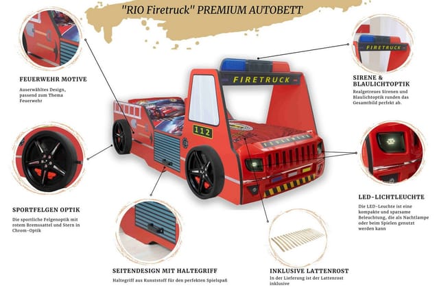 Aileenstore Autobett Rio (inkl. LED Licht und Lattenrost), Feuerwehrbett, 90x200 cm, LED Licht, Hochglanz, Lattenrost