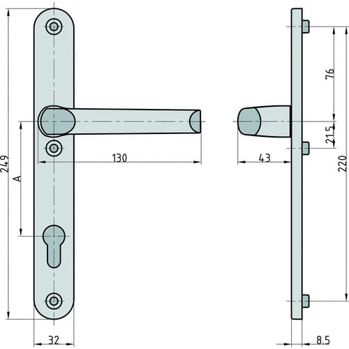 BASI Türbeschlag 1/2 Schmalrahmen-Garni. PZ 92/8 mm, Alu Tübeschlag (Packung), Edelstahlfarben, ohne Schrauben, rundes Langschild, PZ-Vorrichtung