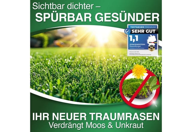 DÜNGEMEISTER Rasendünger Frühjahr/Sommer für sofort saftiges Grün, mit revolutionärer KI Formel - Langzeit NPK/Organisch