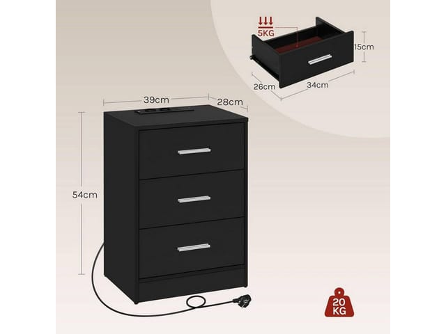 Woltu Nachttisch (1-St), mit Ladefunktion, Steckdose, 3 Schubladen, Modern