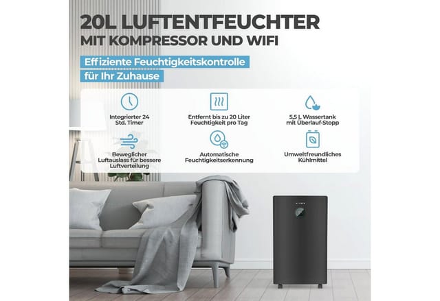 KLAMER Luftentfeuchter elektrisch 20L, 180m³ Luftumwälzung pro Stunde, 440W starker Raumentf…, Entfeuchtung 20 l/Tag, Timer 1-24h, diverse Modi, Nachtmodus, Feuchtigkeit in 5%-Schritten