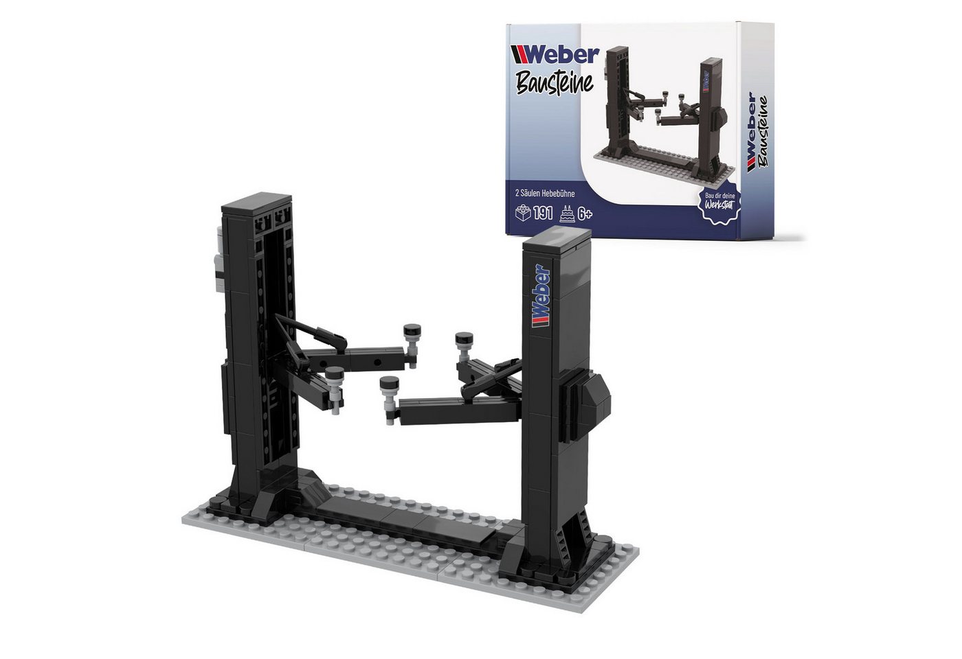 Weber GmbH Bausteine 2 Säulen Hebebühne Werkstatt Garage ab 6 Spielbausteine, (Packung, 191 St), Werkstattspaß für Kinder & Auto-Fans, perfektes Geschenk