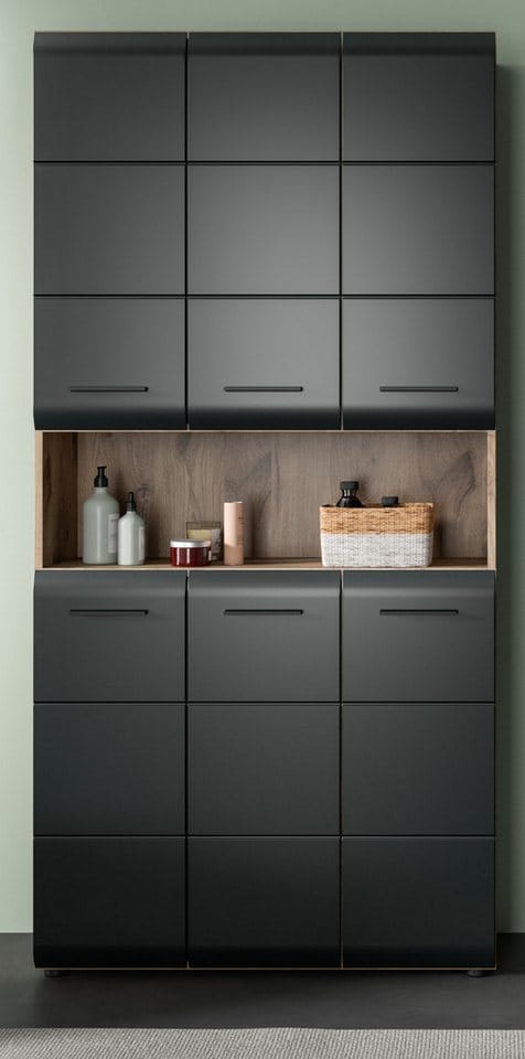Inn.Furn Hochschrank Cover (6-türiger Bad- und Mehrzweckschrank Schwarz und Eiche, 90 x 185 cm) mit 12 Fächern