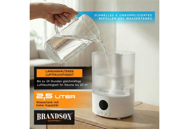 Brandson Luftbefeuchter, 2 l Wassertank, Fernbedienung, 3 Nebelstufen, Timer 1–8 h, leise 35 dBA, Sleep Modus