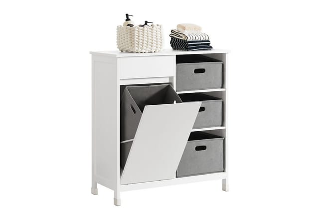 SoBuy Wäscheschrank BZR77, Badezimmerschrank mit Wäschekorb, Badschrank Badmöbel mit ausklappbarem Wäschesäcken, Wäschetruhe, für kleine Räume, Bad