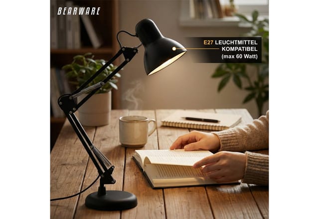BEARWARE Schreibtischlampe Retro Stil, Bürölampe, Leselampe, Vintage Tischleuchte, Kabelschalter, Ein-/Ausschalter, ohne Leuchtmittel, warmweiß, neutralweiß, tageslichtweiß, Industrie Look, E27, flexibler Gelenkarm, für Büro, Wohnzimmer uvm.