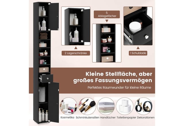 COSTWAY Hochschrank Badschrank schmal, mit Schublade, Türen & 9 Fächern, 180cm weiß