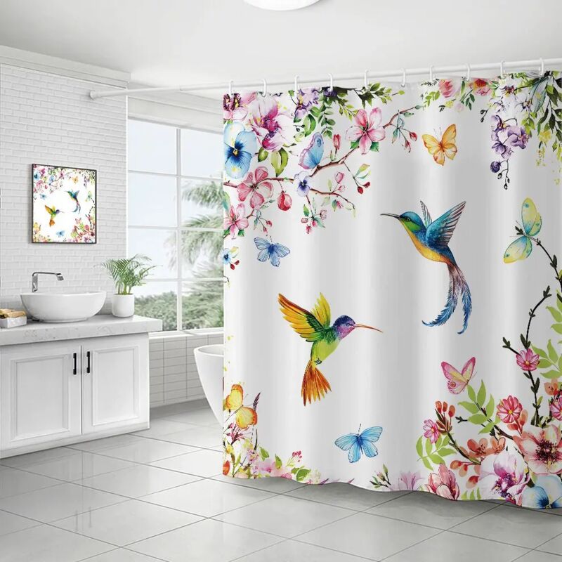 Duschvorhang (180 X 180 Cm) Mit Aquarell-blumen- Und Kolibri-muster Für Badezimmer – Duschvorhang Aus Polyester Mit Haken – Rosa