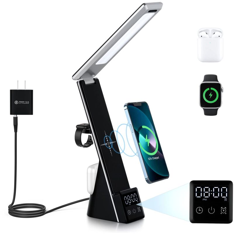 4-in-1 Led-schreibtischlampe, 3 Einstellbare Lichtmodi, Digitalanzeige, Uhr, Qi-schnellladefunktion, Ladefunktion Für Smartphones, Kopfhörer, Apple Watch Und Airpods, Schwarz