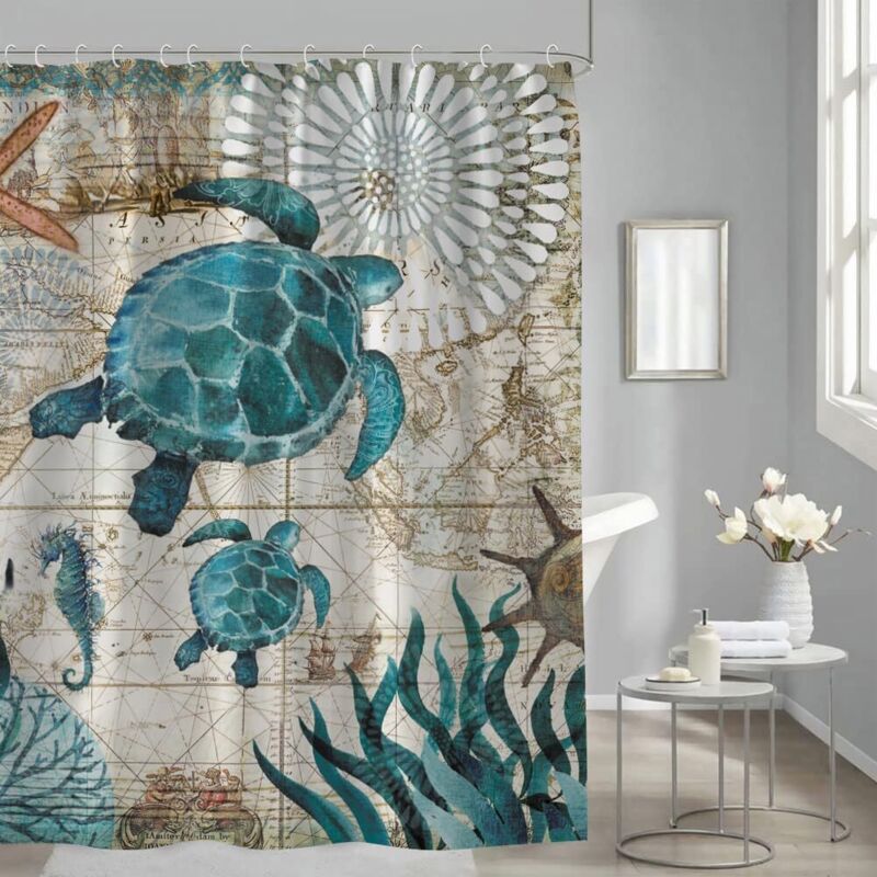 Schimmelresistenter Duschvorhang, Badezimmervorhang, 180 X 200 Cm, Meeresschildkröten-motiv, Schöner Wasserdichter Stoff Mit 12 Robusten Haken