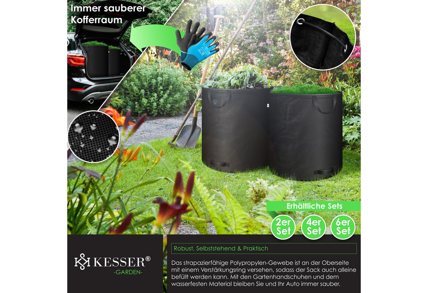 KESSER Gartensack, 500 l, (4-tlg), Gartensack Set Laubsack Gartenabfallsack inkl. Handschuhe