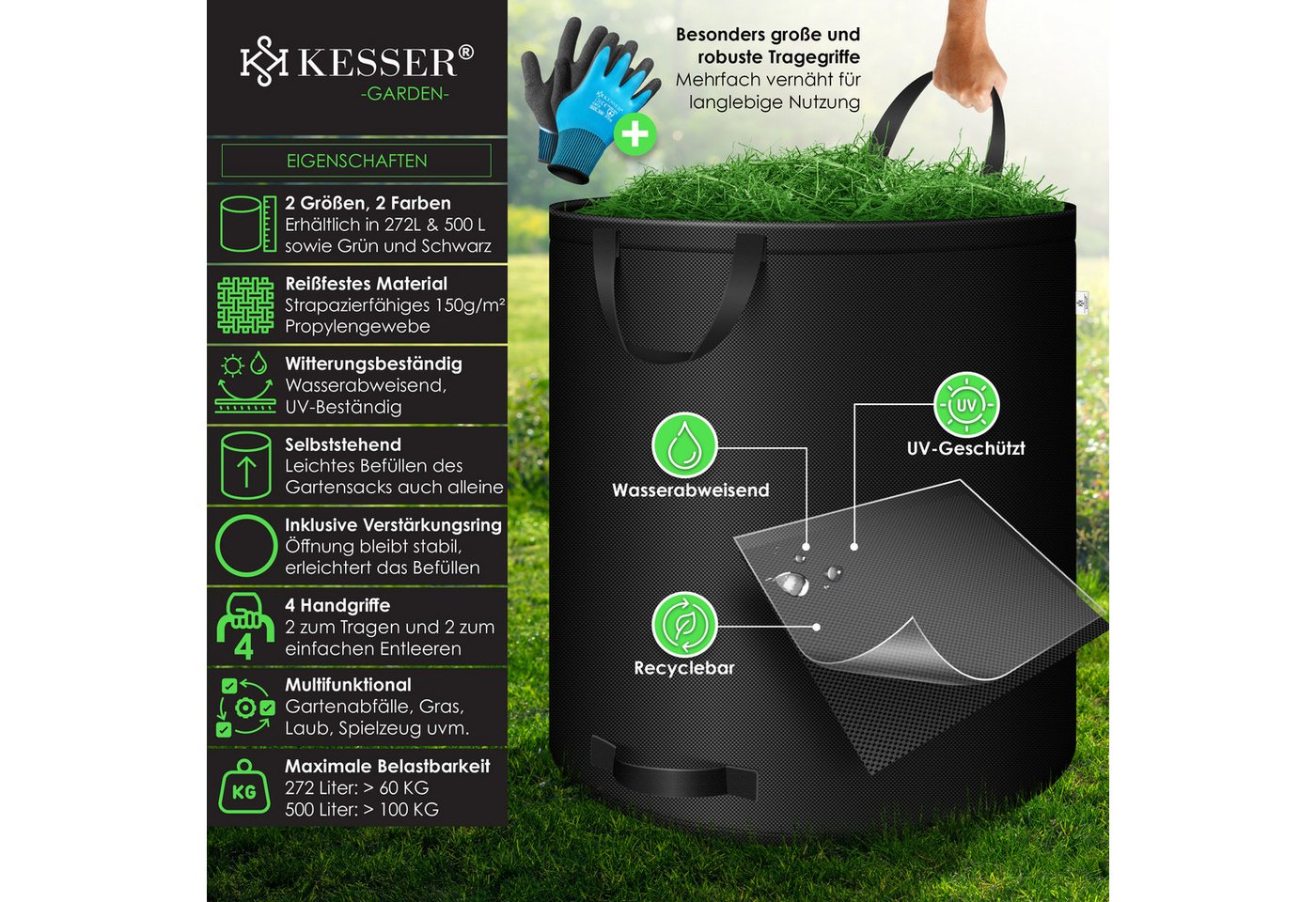 KESSER Gartensack, 500 l, (4-tlg), Gartensack Set Laubsack Gartenabfallsack inkl. Handschuhe Bild 2