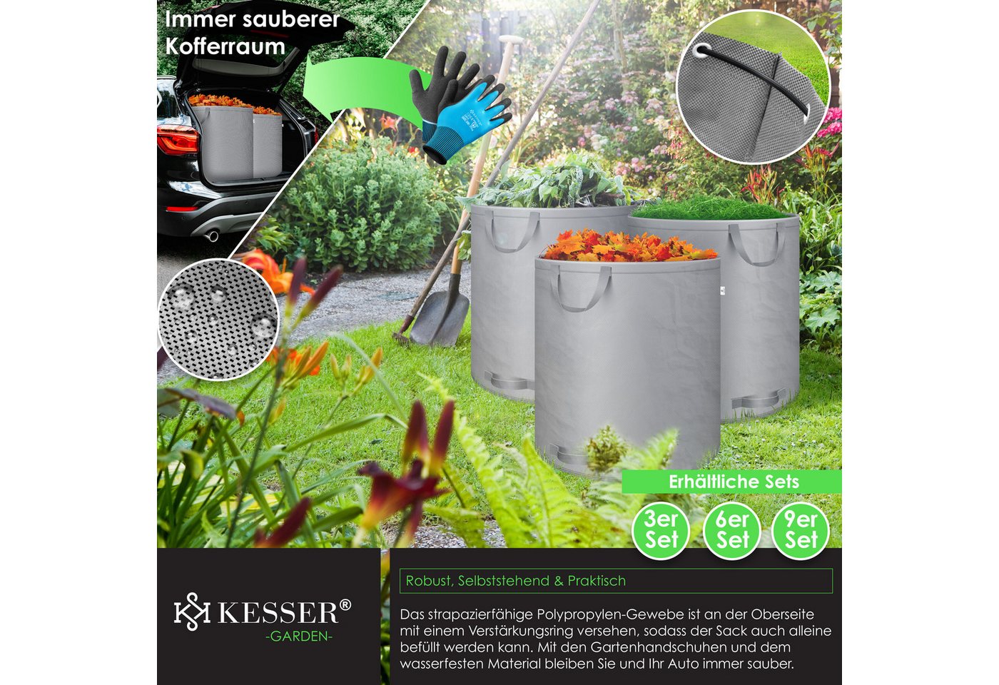 KESSER Gartensack, 272 l, (3-tlg), Gartensack Set Laubsack Gartenabfallsack inkl. Handschuhe