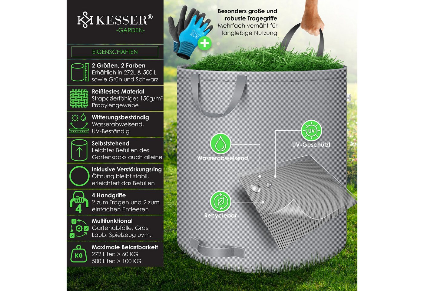 KESSER Gartensack, 272 l, (3-tlg), Gartensack Set Laubsack Gartenabfallsack inkl. Handschuhe Bild 4
