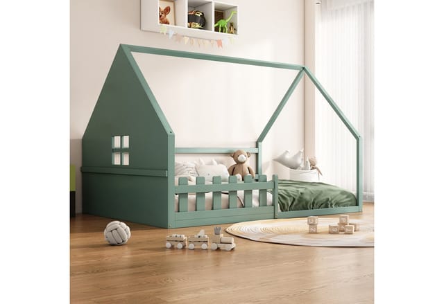 Flieks Massivholzbett, Kinderbett Hausbett Doppelbett 140x200cm mit Lattenrost und Zaun