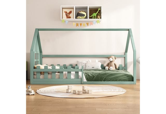 Flieks Massivholzbett, Kinderbett Hausbett Einzelbett 90x200cm mit Lattenrost und Zaun