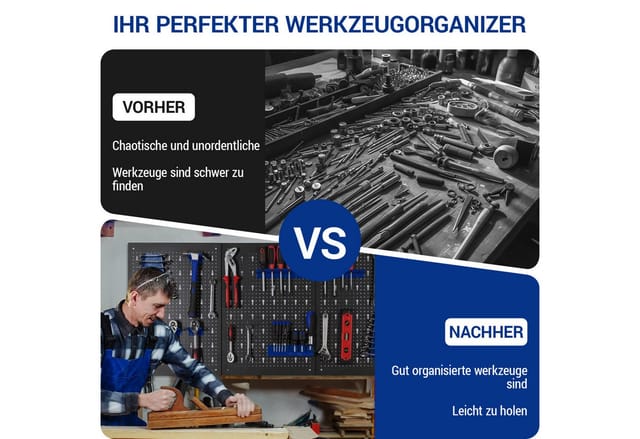 TLGREEN Lochwand Werkzeugwand aus Metall, Dreiteilige Lochwand Werkstatt, 3 Stk., (Erweiterbar Werkzeuglochwand mit 17tlg Haken und Halterungen, Werkzeug Wand für Werkstätten), 117 x 55 x 2 cm