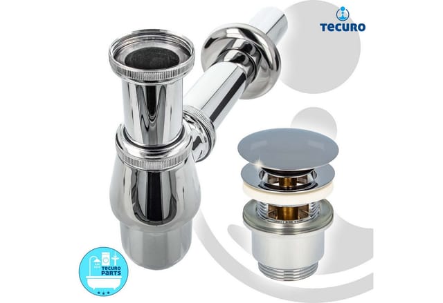 tecuro Siphon Siphon mit Pop Up Ablaufventil verchromt - Universal für Waschtisch, (Ablaufventil und Flaschensiphon)
