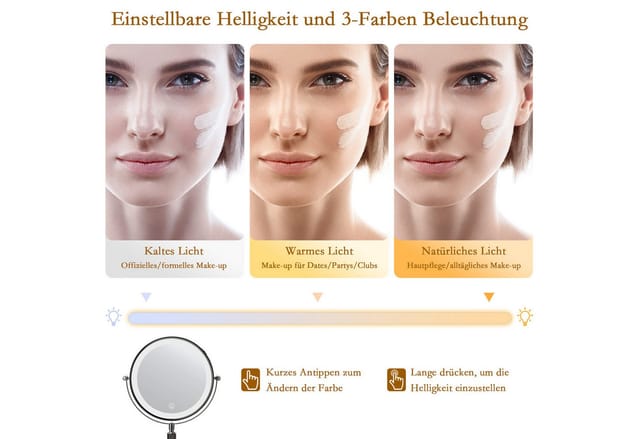 skelo Kosmetikspiegel Schminkspiegel mit Beleuchtung, 10-fach Vergrößerung, Höhenverstellbar (1-St., Kosmetikspiegel mit Standfuß, Standspiegel doppelseitig), 2000mAh, 10X Vergrößerung, Höhenverstellung 39-49 cm, 3 Farbtemperatur