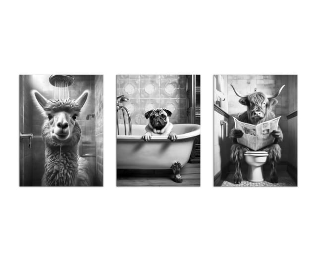 artissimo Mehrteilige Bilder Bilderset 3er-Set, Deko Bad / Badezimmer, schwarz-weiß, lustige Bilder, Badezimmerbild: Hochland Kuh / Alpaka / Mops