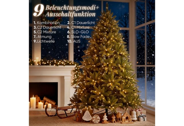Salcar LED-Lichterkette LED Weihnachtsbaum Lichterkette – Warmweiß & Bunt umschaltbar, 2m 280 LED 9 Modi mit 8 Girlanden für 150cm - 240cm Tannenbaum