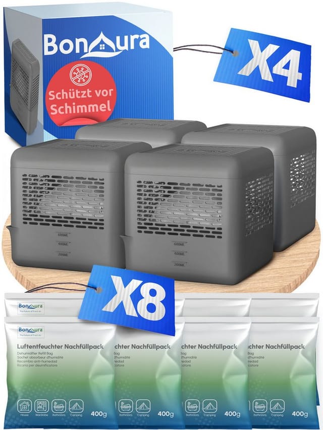 BonAura Luftentfeuchter ohne Strom, für 88 m³ Räume, Tank 0,6 l, 4x Entfeuchter und 8x Luftentfeuchter Nachfüllpack