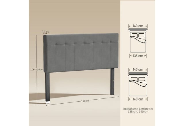 HOMCOM Kopfteil höhenverstellbar, mit Samtoptik, (Bettkopfteil, 1 St., Polsterkopfteil für Bett), für Schlafzimmer, Grau