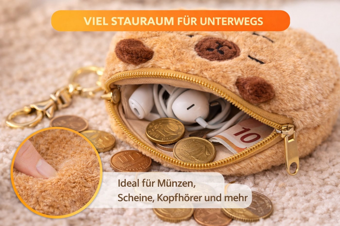 soma Aufbewahrungstasche Capybara Plüsch Portemonnaie – Niedliche Geldbörse mit Reißverschluss (Set, 1-tlg., 1er-Pack), Weiches Etui für Kinder&Erwachsene,Unsor­tiert 1von5 Motiven,12×9×5cm Bild 4