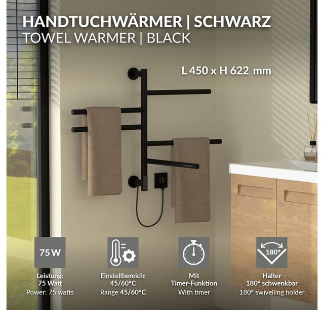 LuxeBath Elektrischer Badheizkörper Handtuchwärmer Elektrisch mit 5 schwenkbaren Armen und Timerfunktion, Handtuchheizkörper 75 Watt 45-60°C 450x622 mm Handtuchhalter Handtucht