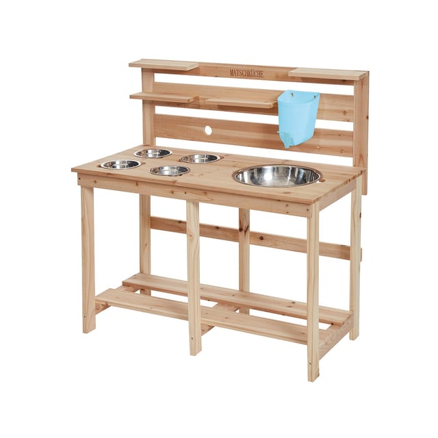 Happy People Outdoor-Spielküche Matschküche aus Holz 80x40x94cm, mit 5 Edelstahlschüsseln