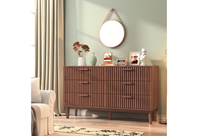 FUROKOY Sideboard Kommode Holz Küchenschrank, Buffetschrank mit 6 Schubladen,Walnussholzfarbe