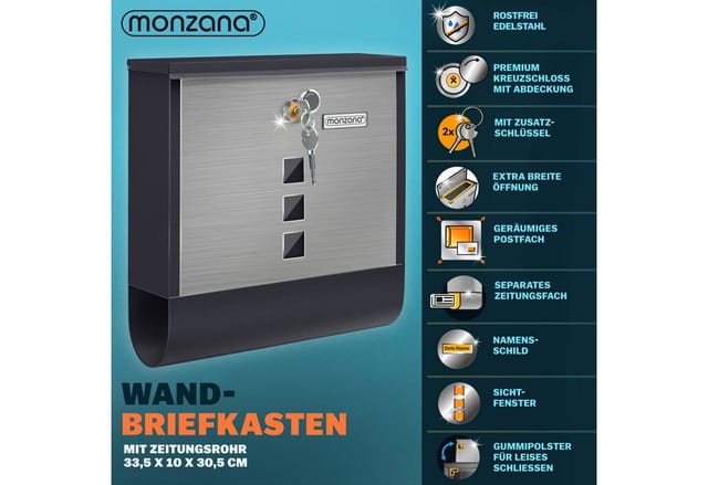 monzana Wandbriefkasten, Schwarz-Silber Edelstahl mit Zeitungsfach Kreuzschloss Sichtfenster