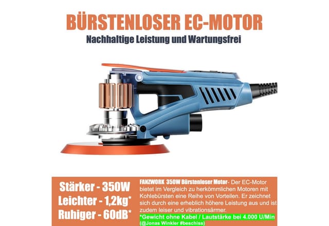 Fanzwork Exzenterschleifer 350W bürstenloser EC-Motor mit 150mm Schleifteller, 5mm Schleifhub, Vibrationsarm und wartungsfrei