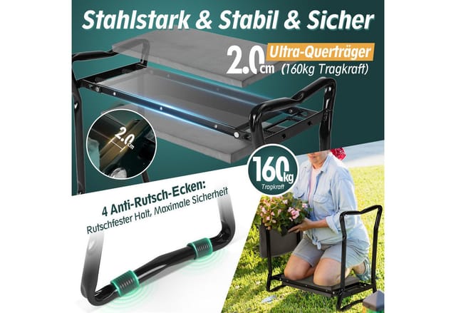 Sekey Kniebank 2 in 1 XXL Kniebank für Gartenarbeit Gepolstert Gartenhocker Klappbar, 2 in 1 Höhenverstellbar Gartenbank mit Werkzeugtasche 60 x 49 x 27,5cm