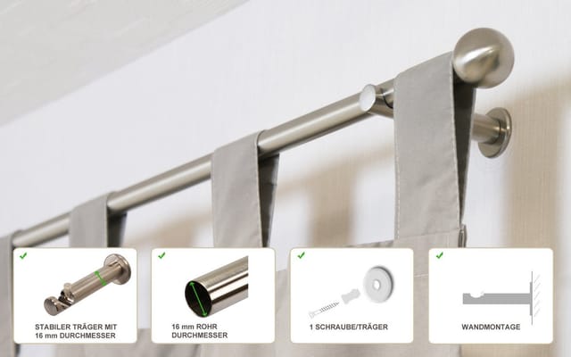 iso-design Gardinenstange Farbe Edelstahl Wandmontage 16 mm Endstück Kugel, Ø 16 mm, 1-läufig, Fixmaß, 1 Schraube je Halter, Metall, Rohr aus Edelstahl