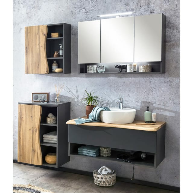 Lomadox Badmöbel-Set KAHLA-03, (Spar-Set, 4-St), mit LED Spiegelschrank, anthrazit Wotan Eiche Nb. mit Baumkantenoptik