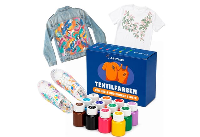 7 Artists Textilfarbe Textilfarbe Waschmaschinenfest Set - Stoffmalfarben Waschfest, für helle und dunkle Textilien