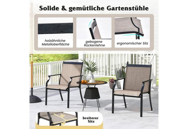 COSTWAY Gartenstuhl (2 St), 50 cm breitere Sitzfläche, mit Armlehne
