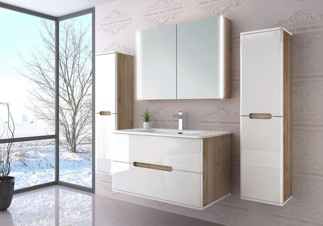 Homeline Badmöbel-Set Bad Möbelset Badezimmer Möbel Hochglanz 90 cm Eiche / Weiß Schwarz, (Spar-Set, 5-St., Fünfteiliges Set), Spiegelschrank mit Keramikbecken, Hochglanz