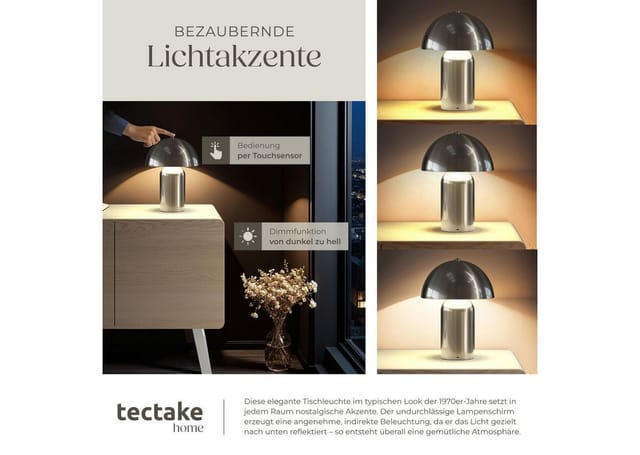 tectake Schreibtischlampe Akku-Tischlampe, Dimmbar, nicht relevant, Kleine Retro-Tischleuchte im angesagten Pilzdesign der 70er-Jahre