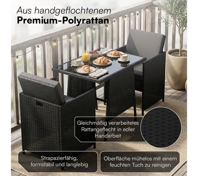 STEELSØN Gartenlounge-Set Xenara 3-teilig mit 2 Stühlen und Tisch, (schwarz/anthrazit, platzsparende Sitzgruppe), Rattan Outdoor Essgruppe, klappbare Stühle mit Sitzkissen