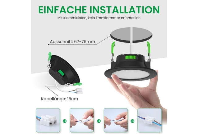 ALUSSO LED Einbaustrahler 6er-Set, 7W Decken Leuchte, 68mm Flach Strahler Dimmbar Spot, Helligkeit von 10 % bis 100 %, Rund, Schwarz