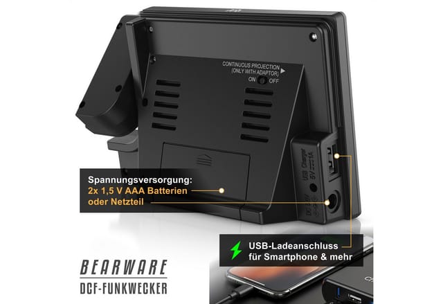 BEARWARE Projektionswecker Digitaler Tischwecker mit Projektion, USB-Ladeport & Temperaturanzeige Funkuhr mit 180° Projektionsfunktion, Dual-Alarm & weißem LCD-Display