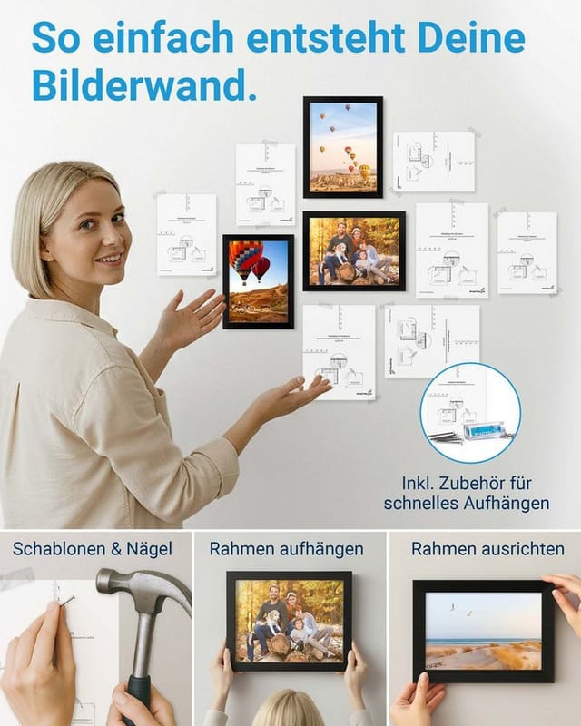 PHOTOLINI Bilderrahmen Sets in verschiedenen Formaten, MDF Holz, Acrylglas & Zubehör, für 10 Bilder (10er Set), Posterrahmen 10er Set No.3 zum Aufhängen oder Aufstellen