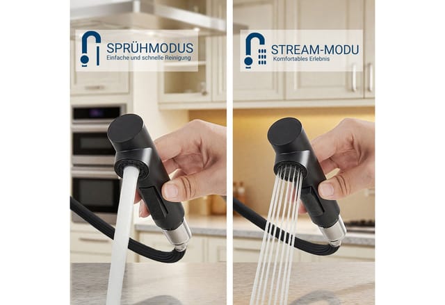 AICA Küchenarmatur Wasserhahn Küche mit Einhand, ausziehbarer Brause für 2 Strahlarten Spültischarmatur mit Einhand & 360° Schwenkfunktion als Hochdruckhahn