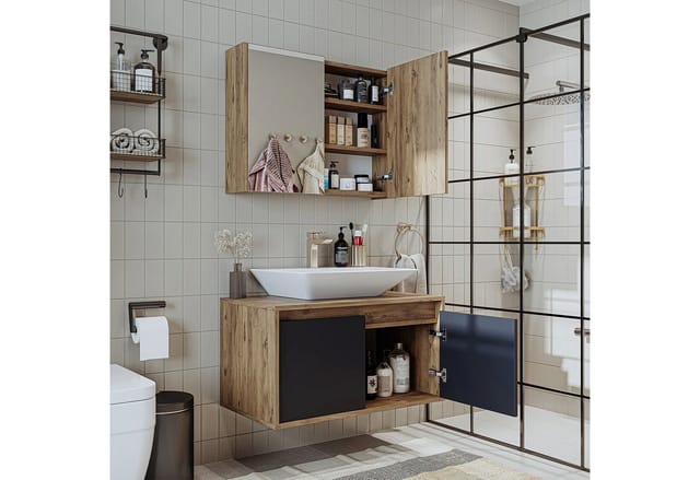 Roomart Badmöbel-Set ATLANTIC Waschtisch + Spiegelschrank + Keramik-Aufsatzwaschbecken, (ATLANTIC – Unterschrank + Spiegelschrank + Waschbecken), feuchtigkeitsbeständig, Spiegelschrank mit Stauraum, DHL-Lieferung