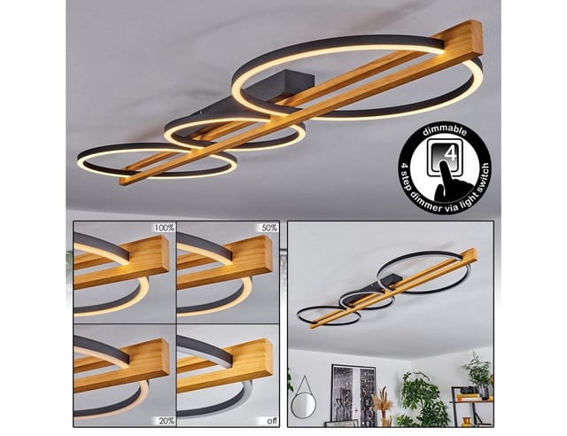 hofstein Deckenleuchte dimmbare Deckenlampe aus Metall/Holz/Kunststoff in Schwarz/Natur/Weiß, LED fest integriert, 3000 Kelvin, (26,5 cm, 36,5 cm), 38 Watt, 1600 Lumen, dimmbar über Lichtschalter