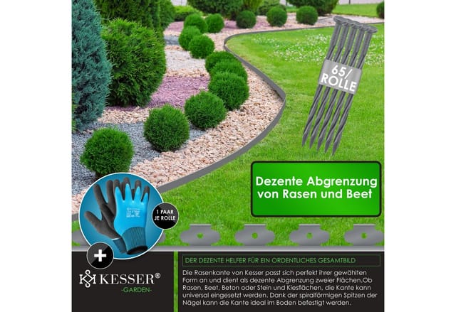 KESSER Rasenkante Flexible Beetumrandung aus Kunststoff 10/ 20/ 30/ 40/ 50m - Höhe 5cm, Mähkante Pflastersteine Palisade, Rasenkante mit Erdanker + Handschuhe Beeteinfassung Beetbegrenzung