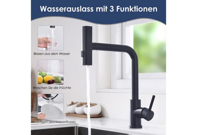 HOMELODY Küchenarmatur Ausziehbar 360°Schwenkbar Drei Sprühfunktionen Spültischarmatur Küche (Hochdruck-Einhand-Mischbatterie) mischbatterie ausziehbar Küchen-Einhandhahn,Schwarz